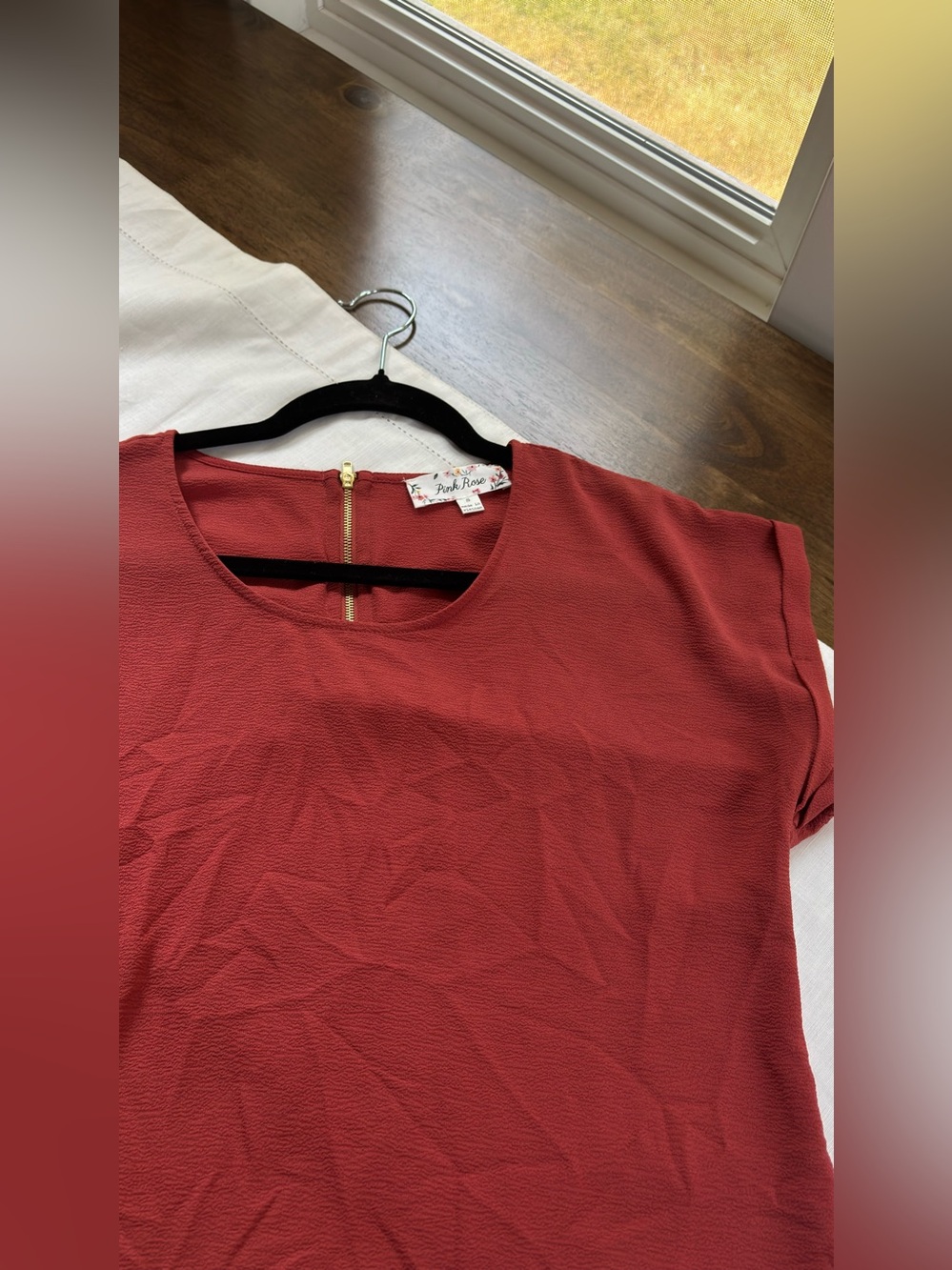 Pink Rose Women's Rust Short Sleeve Scoop Neck Blouse with Gold Zip